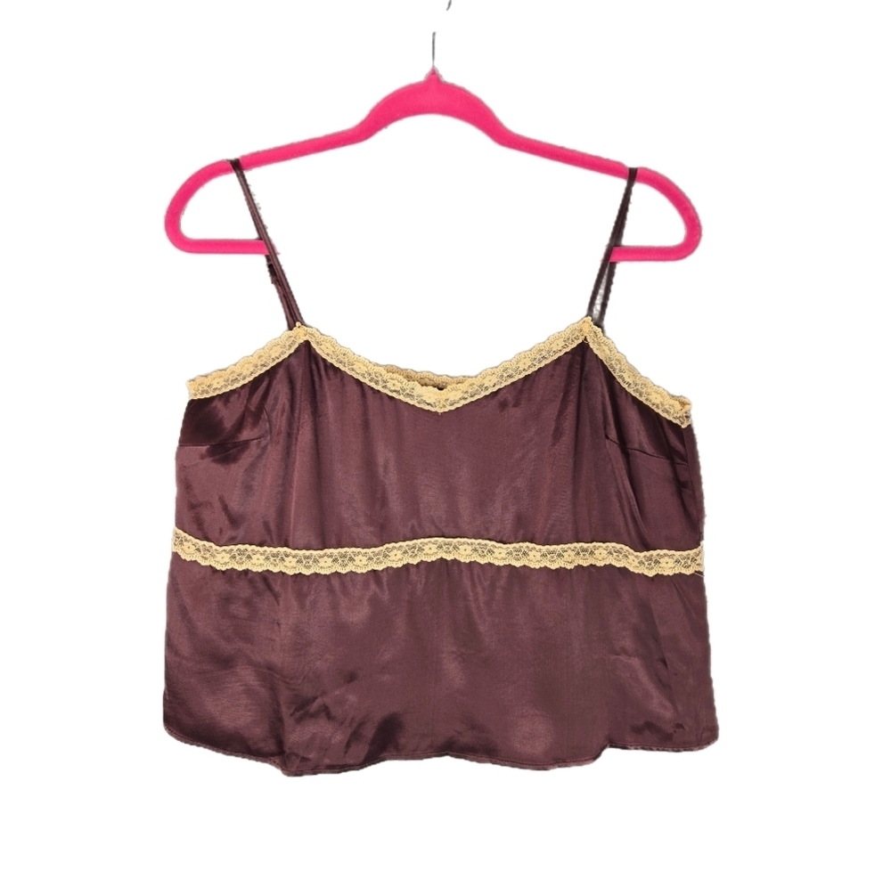 Topshop Womens Silky Satin Camisole Sz 10 Dark Brown Floral Lace Adj. Straps